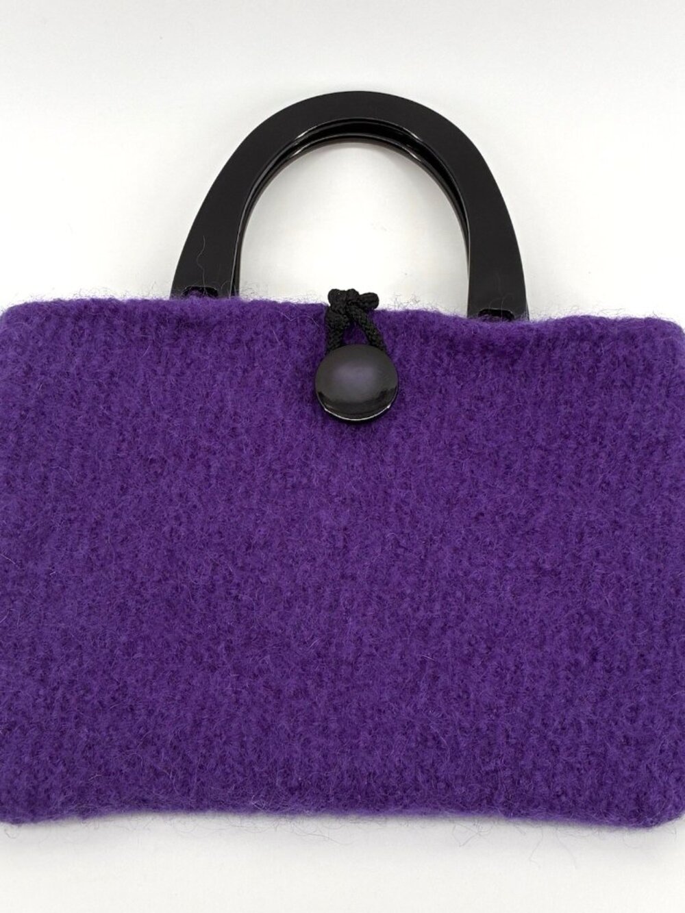 Handmade Felted Wool Purse Purple Artisan Knit Black Handles Vintage (U9)